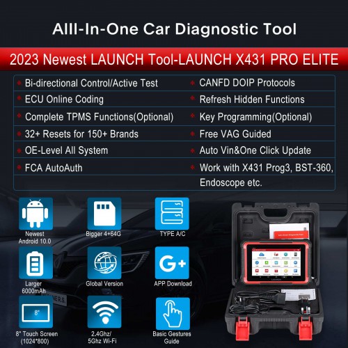 Launch X431 PRO Elite 8'inch Car Diagnostic Tool All System OBD OBD2 Scanner CAN FD/DOIP Active Test 32 Reset Coding Same Function as X431 V