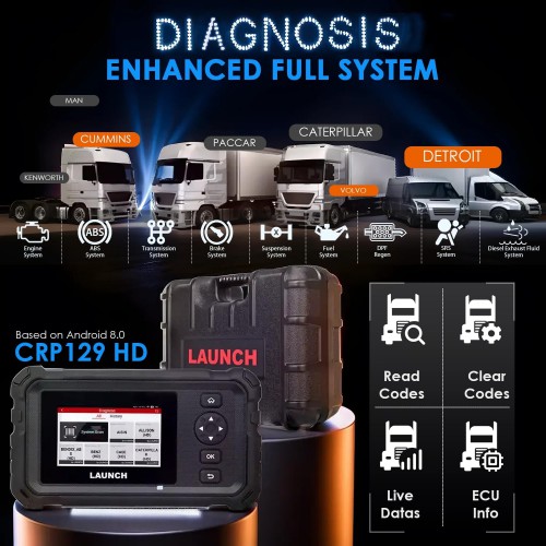 2026 LAUNCH CRP129 HD Heavy-duty Diagnostic Tool Supporta 24V Trucks 7 Reset Functions 2 Years Update Free