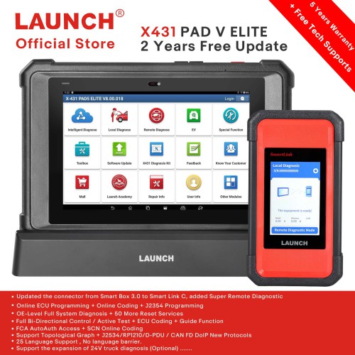 [EU Versione] Launch X431 PAD V Elite J2534 Tool Con il nuovo Smartlink C ECU/ECM Programma online Mappa della topologia CAN/CAN FD/DoIP 60+ Services