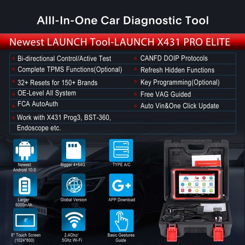 95% Nuovo-Launch X431 PRO Elite 8'inch Car Diagnostic Tool All System OBD OBD2 Scanner CAN FD/DOIP Active Test 32 Reset Coding Same Function as X431 V