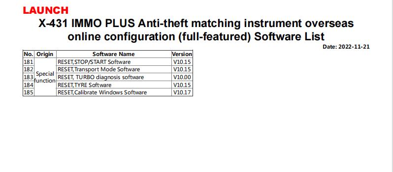 LAUNCH X431 Immo list